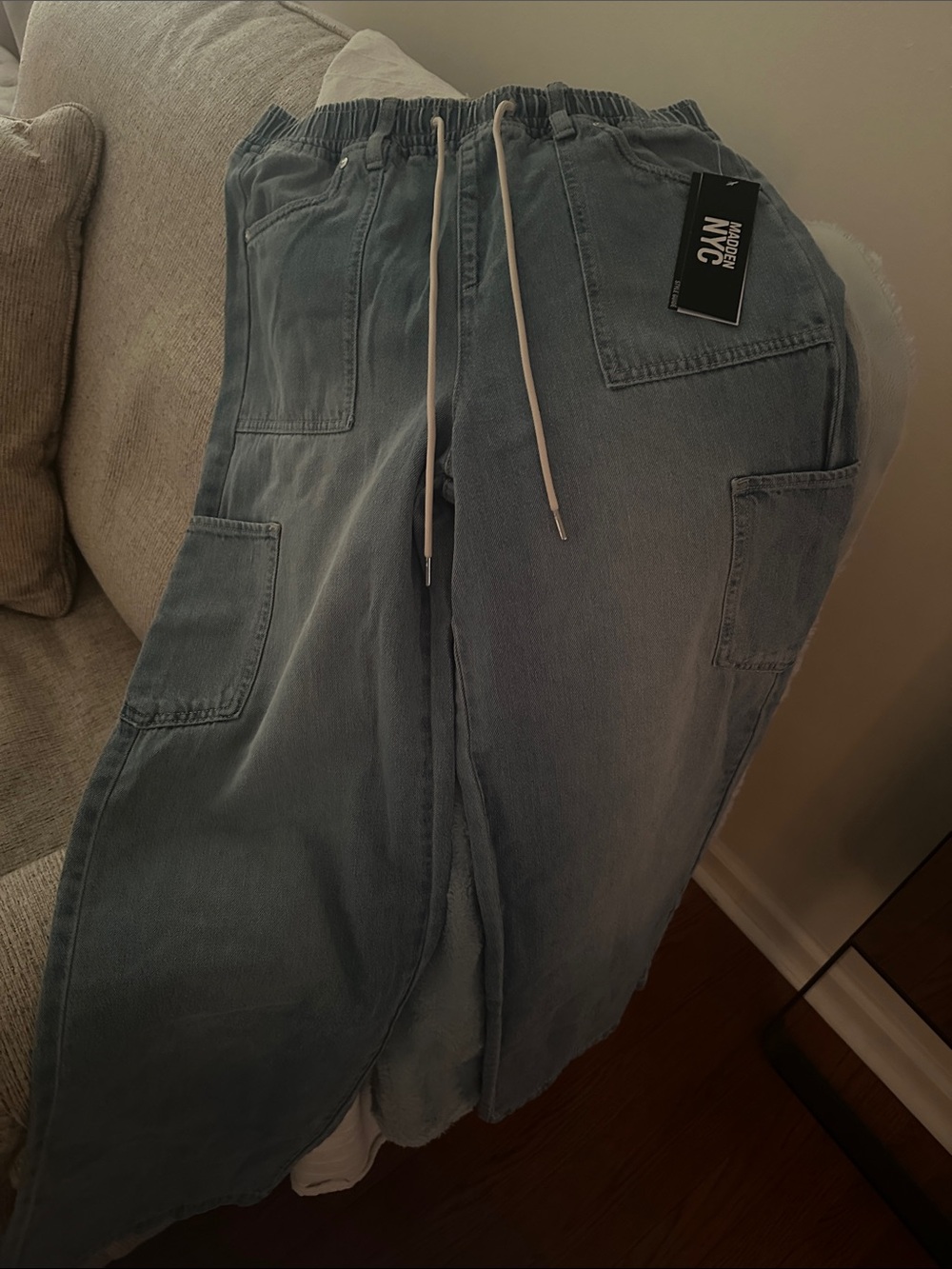 Modern NYC Women's Light Blue Wide Leg Jeans - Drawstring Flare